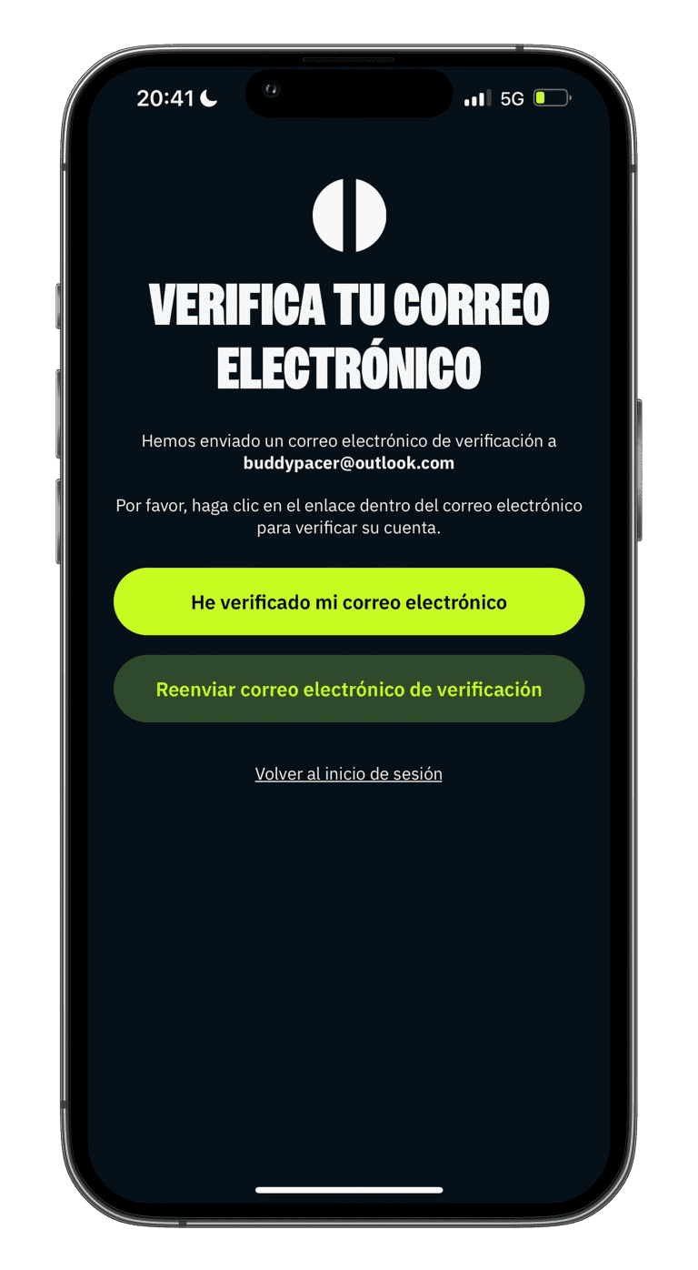 pantalla Buddy Pacer verificar correo