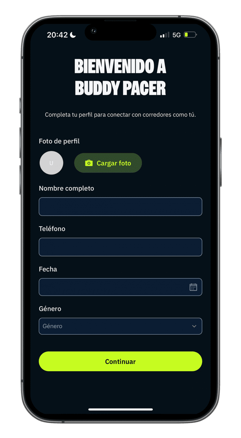 Pantalla Buddy Pacer completar perfil