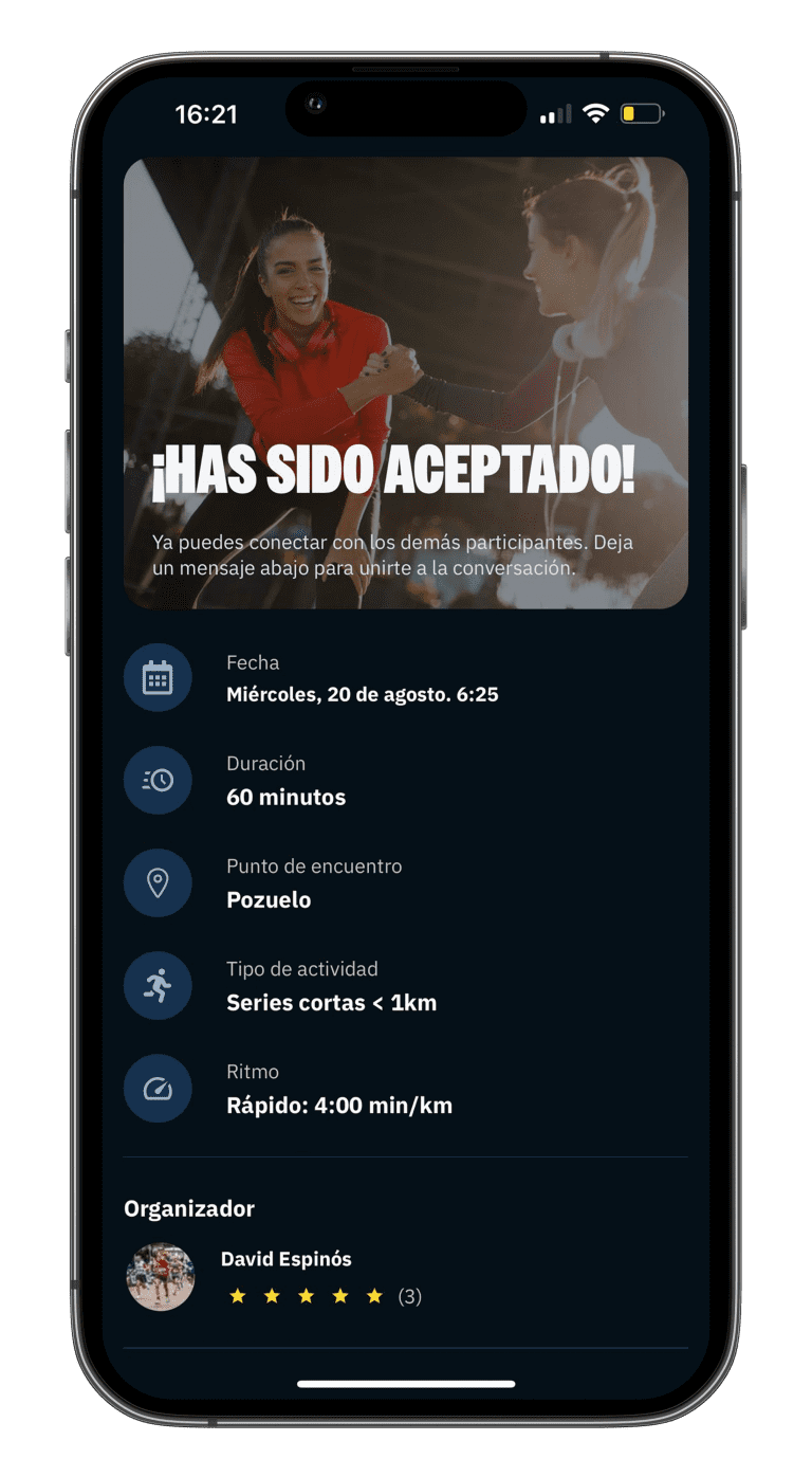 pantalla Buddy Pacer, has sido aceptado para participar en actividad