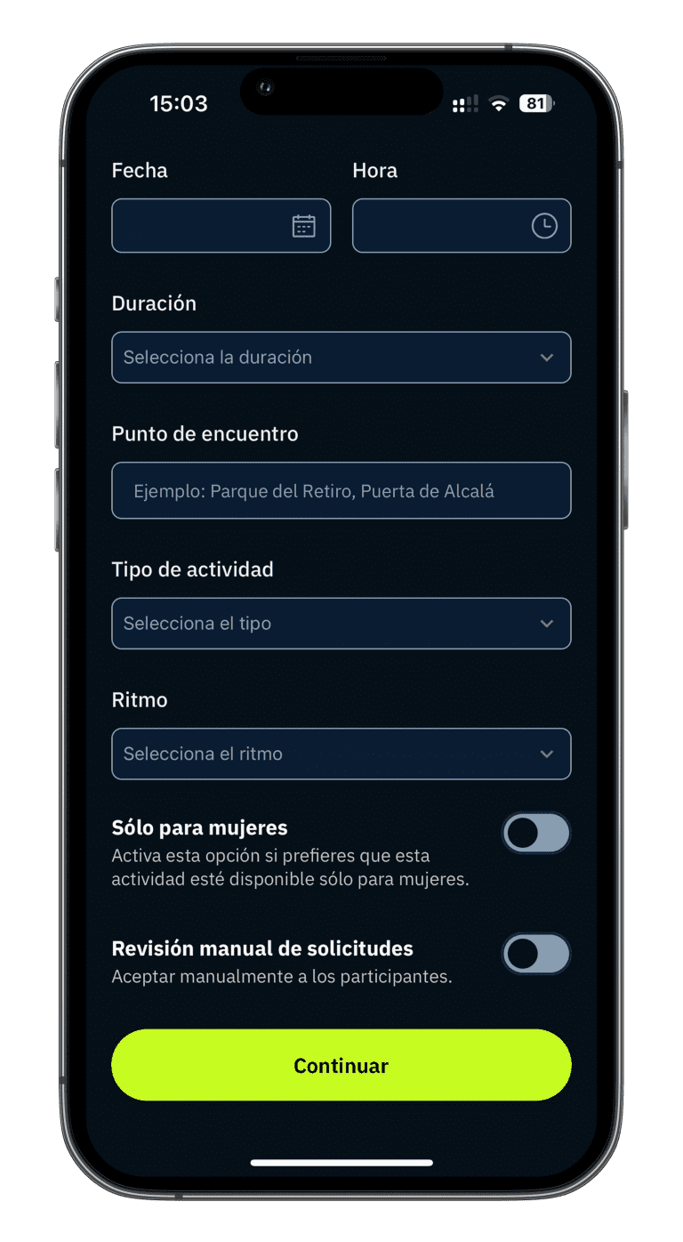 detalles crear actividad, botón solo para mujeres