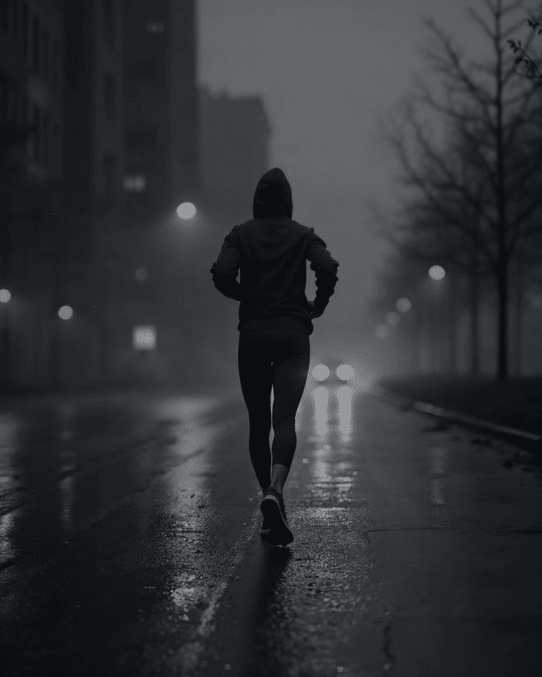 runner corriendo de noche con lluvia y frio